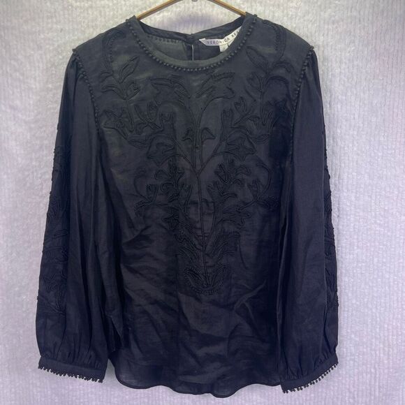 Veronica Beard Black Maryana Embroidered 3/4 Sleeve Woven Top Blouse Size 12 NWT - Picture 2 of 11